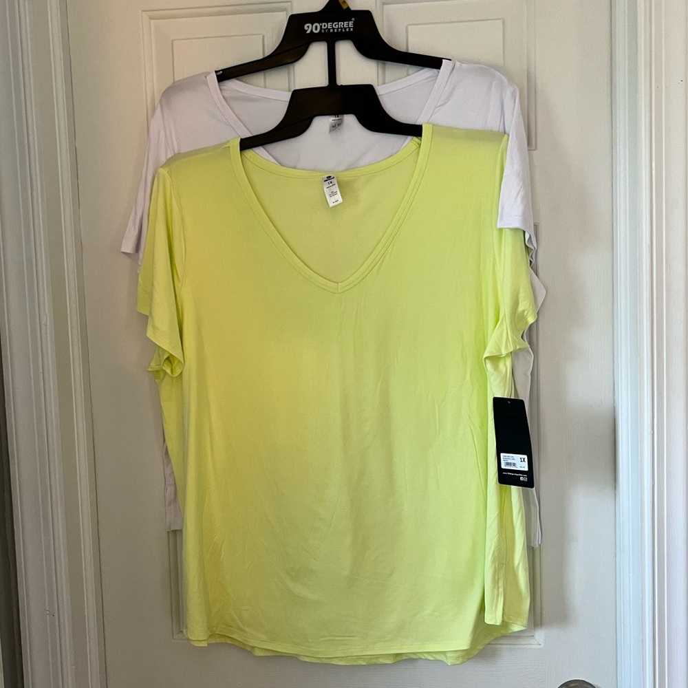90 Degrees by Reflex, Easy Fit Tee, Plus Size 1X, V-Neck, 2 pack lime & white